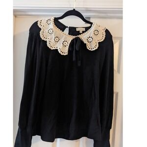 Chenault Black Long Sleeve Top Embroidered Scalloped Collar Bow Tie Women xl